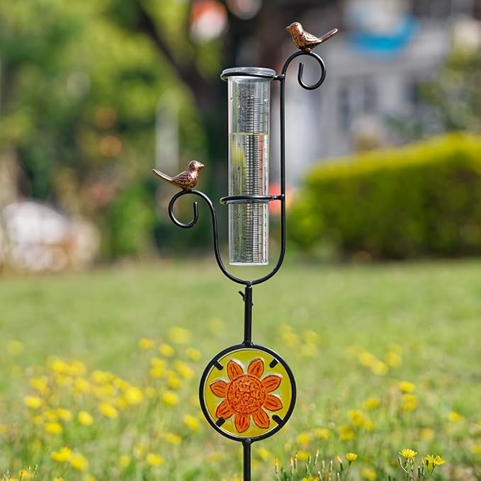 Rain Gauge Outdoor, Hummingbird Rain Gauge, Metal Rain Measure Gauge with Stained Glass, Decorative Rainfall Measurement for Patio, Lawn, Garden Decor