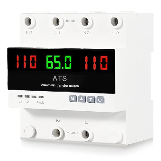63A 110V Automatic Transfer Switch, Auto/Manual Generator Transfer Switch, DIN Rail Mount ATS with LED Display Safety Protections for Home Generator Inverter Utility Power L1 Priority Phase Selector