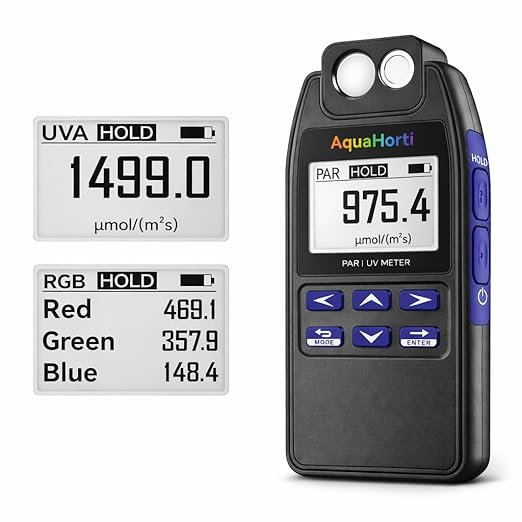 AH-Quantuv PAR Meter for Grow Lights, PPFD Meter 400-750nm with UVA Measurement 320-400nm, Shows PAR Breakdown of Blue Green Red, Records PAR & UVA for Light Distribution Mapping