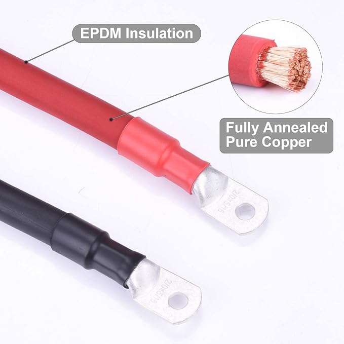 2/0 AWG Flexible Battery Cable with 5/16" Terminals - OFC Pure Copper Inverter & Welding Wire for Automotive Solar RV Motorcycle (Red + Black 1.5FT Pair)