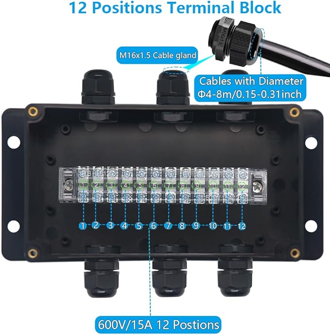 Project BoxI P67 Outdoor Waterproof box Electronic Junction Box with 15A 600V 12P Barrier Terminal 3IN/3Out Electrical Boxes 6.2x3.5x2.4 inch
