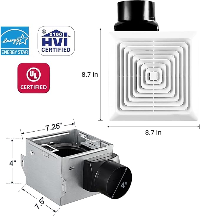 Bathroom Exhaust Fan 80CFM 1.5Sone, 4inch duct, Energy-Saving Household Ventilation Fan with Humidity sensor, No Attic access Needed Installation, Classic White Grille
