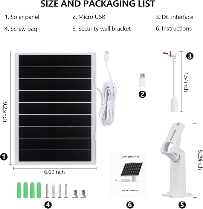 8W Solar Panel for Security Camera,Waterproof Outdoor Solar Charger with DC&Micro USB&USB-C Port for Ring/Eufy/Wyze Rechargeable Battery Camera, 9.5ft Cable, 360° Adjustable Bracket