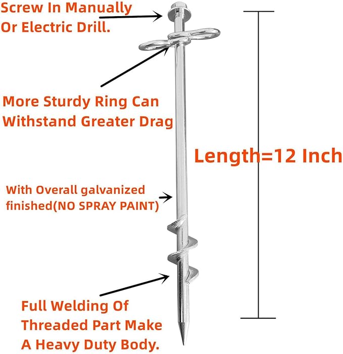 Ground Anchors Screw in 6 Pack-12 Inch Double Arbitrary Direction Galvanized Tent Stakes Kit for Swing and Trampoline Set High Wind Solid Metal Hex Head Dog Tie Out Stake