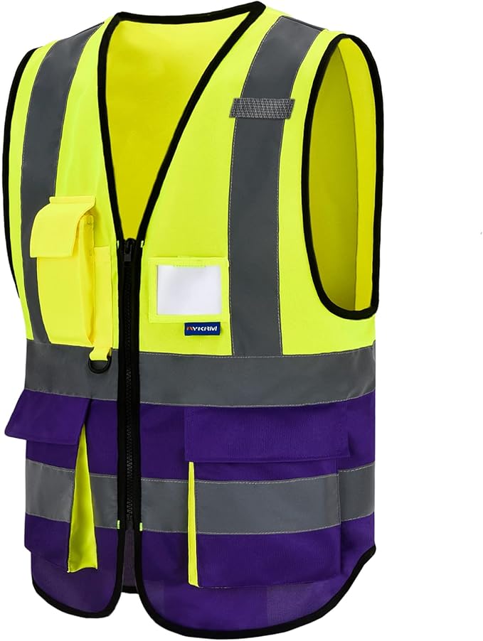 A-SAFETY Yellow purple reflective Working Vest with Zipper Pockets