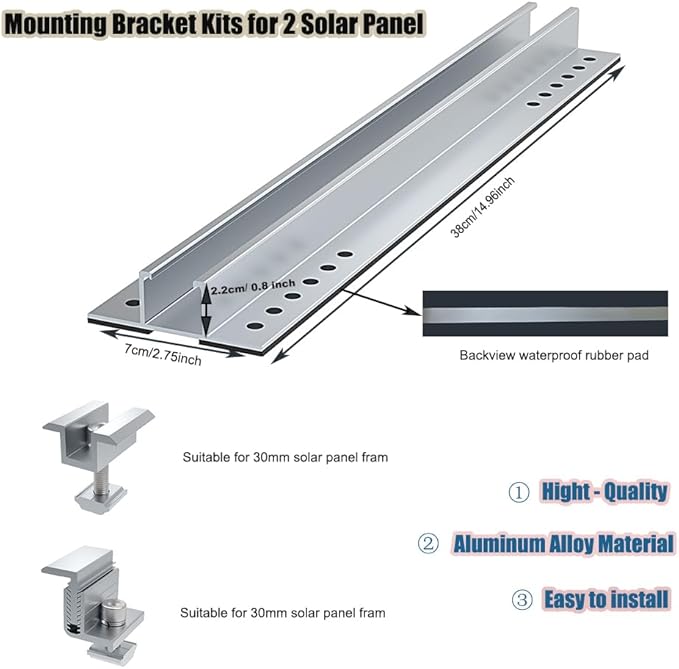 Solar Panel Mounting Brackets Rails Kit Aluminium Solar Panel Brackets for Metal Roof, Tin Roof, Flat Roof, Sheet Roof, RV, Silver (1-2 Solar Panels )