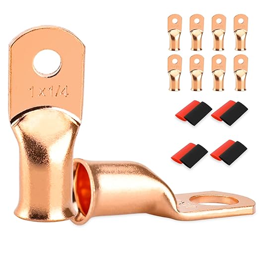 8 PCS Battery Terminal Connectors, Battery Cable Ends Lugs, 1 Gauge Wire Connectors, 1 AWG 1/4" Stud Ring Terminals, Copper Wire Lugs with Heat Shrink Tubing.