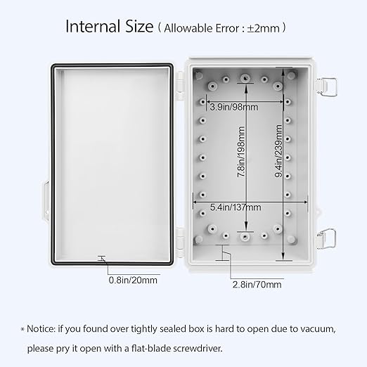 LeMotech Electrical Box, IP67 Waterproof Hinged Cover Stainless Steel Latch Junction Box, ABS Plastic Electrical Enclosure with Mounting Plate,Wall Brackets, Cable Glands, 10.2"x6.3"x3.9", Grey