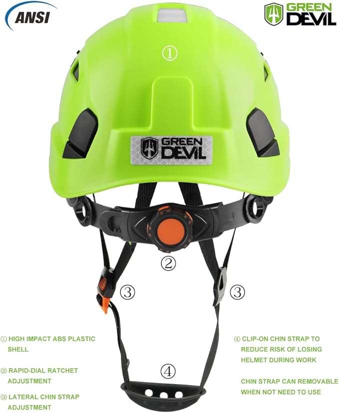 GREEN DEVIL Safety Helmet Hard Hat with Visor Chinstrap Adjustable Lightweight Vented ABS Work Helmet for Men and Women 6-Point Suspension ANSI Z89.1 Approved Ideal for Industrial & Construction
