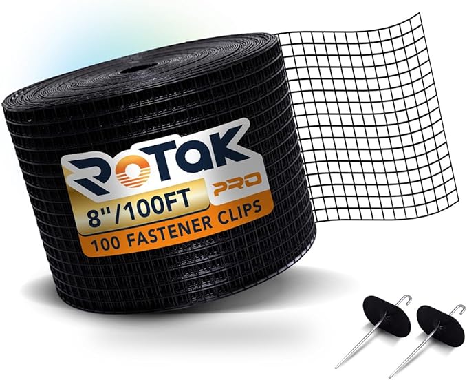 Rotak Critter Guard PRO - 8in x 100ft Solar Panel Bird Prevention Roll Kit with 100 Fastener Clips - Heavy Duty Galvanized Black PVC Coated ½ inch Wire Roll Mesh (8" PRO + 100 Clips)