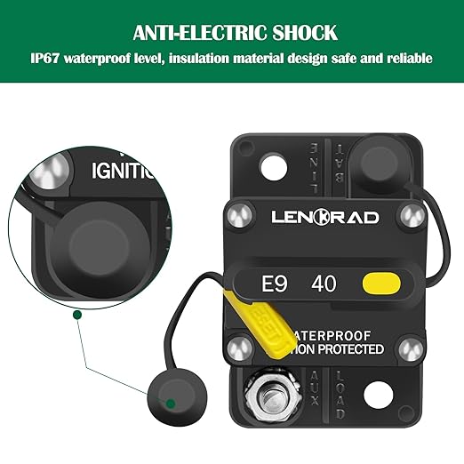 LENKRAD 40amp Marine Circuit Breaker Resettable 40A with Manual Reset Switch Button for Boat Trolling RV Yacht, 12V - 48V DC, Waterproof, Surface Mount(40 Amp Boat Circuit Breaker)