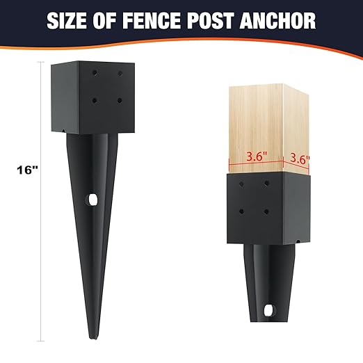 2 Pcs 4x4 Fence Post Anchor Ground Spike 16" (Inner Size 3.6"x3.6") Black Powder Coated–Mailbox Post Anchors, for Deck,Fence,Railing,Mailbox..