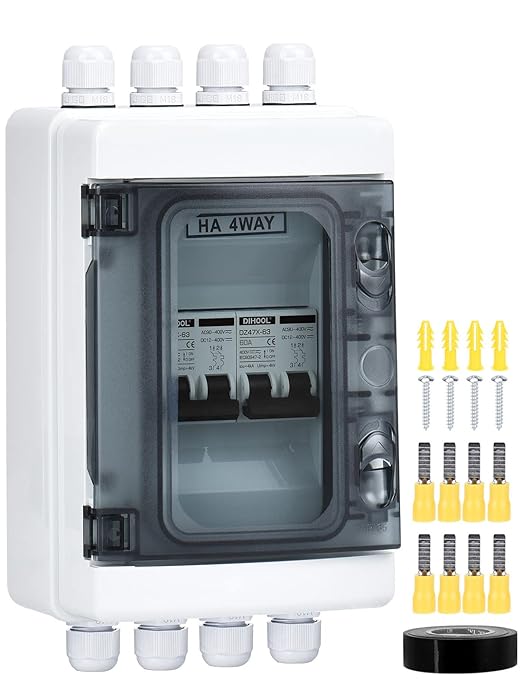 DIHOOL DC Circuit Breaker Box Cover with UV-Proof, 60 Amp Electrical Power Distribution Box 2 in 2 Out, PV Solar Disconnect Switch