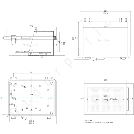 Junction Box, Hinged Cover Stainless Steel Latch IP67 Waterproof ABS Project Box with 2 Cable Glands, Electrical Box Enclosure with Mounting Plate & Wall Bracket 8.7 x 6.7 x 4.3inch
