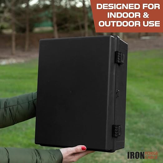 Iron Forge Cable Waterproof Junction Box Extra Large - Outdoor Enclosure with Accessories, Hinged Black Panel Cover - IP65, 16"x 12"x 7.2"Inch