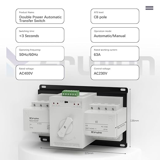 Dual Power Automatic Transfer Switch 110V 63A Outdoor Generator RV Transfer Switch 50HZ/60HZ Generator Changeover Switch(4P)