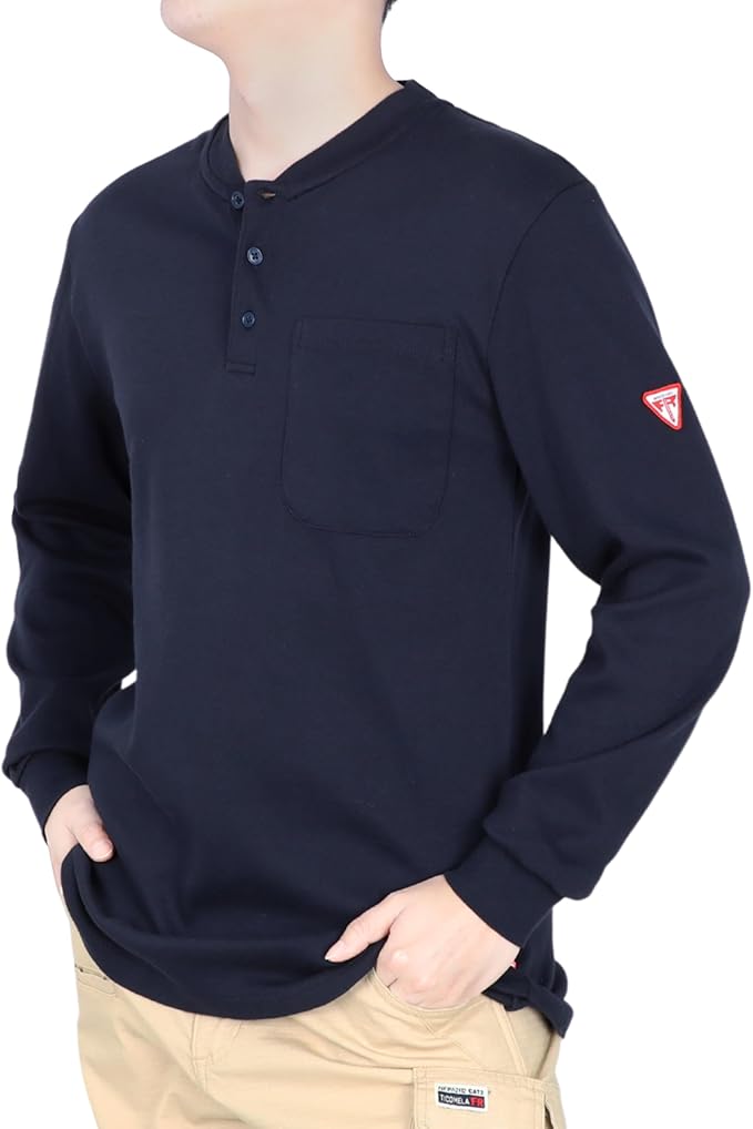 TICOMELA FR Shirts for Men Flame Resistant Shirt NFPA2112/CAT2 7oz Fire Retardant Men's Long Sleeve Henley Shirts