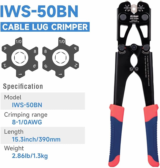 iCrimp IWS-50BN Battery Cable Crimper for 8, 6, 4, 2, 1, 1/0AWG Battery Cable Terminals and Lugs with Rotation Crimping Dies