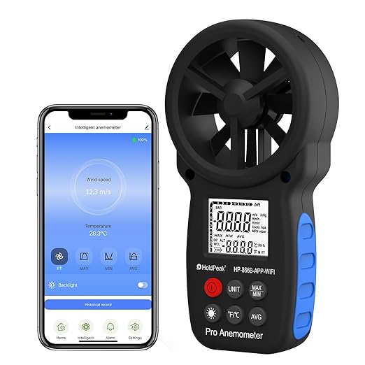 Professional WiFi Anemometer, Smart Wind Speed Meter Gauge with APP, 0.3-40m/s Range, Measures Wind Temp, Max/Min/Avg, Backlight, Ft/min, Knots, Km/h, Mph, (866B-APP-WIFI)