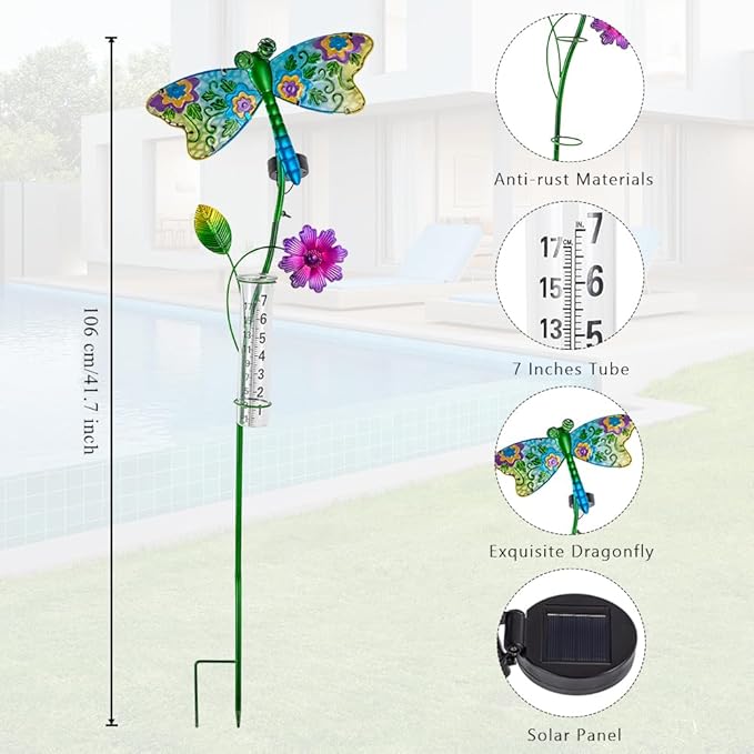 Solar Rain Gauge Outdoor, Dragonfly Rain Gauge, 7 Inch Tube Decorative Rain Measure Gauge, Metal Rain Measure Tool for Garden, Lawn Ornaments