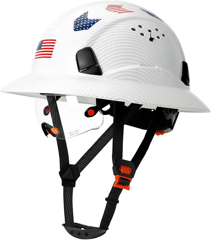 Carbon Fiber Pattern Full Brim Hard Hat with Visor-OSHA Approved Construction Safety Helmet for Men Women,ANSI Z89.1 Vented Reflective Hardhat with Hard Hat Chin Strap,6-Point Suspension