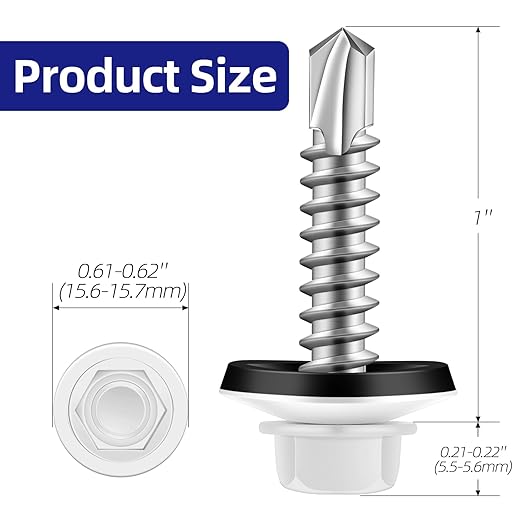 #12 x 1 Zinc Plated Steel Self Drilling Roofing Screws, Hex Head Self Tapping Screws with EPDM Washer, White Head, 100 PCS