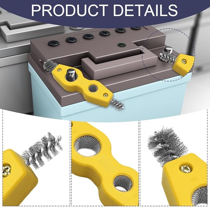 Car Battery Terminal Cleaning Brush, 4 in 1 Auto Battery Terminal Cleaning Tools, Copper Pipes Cleaner Brush Tool, Universal Battery Terminals Machine Parts Cleaning Tool (Yellow, 1PCS)