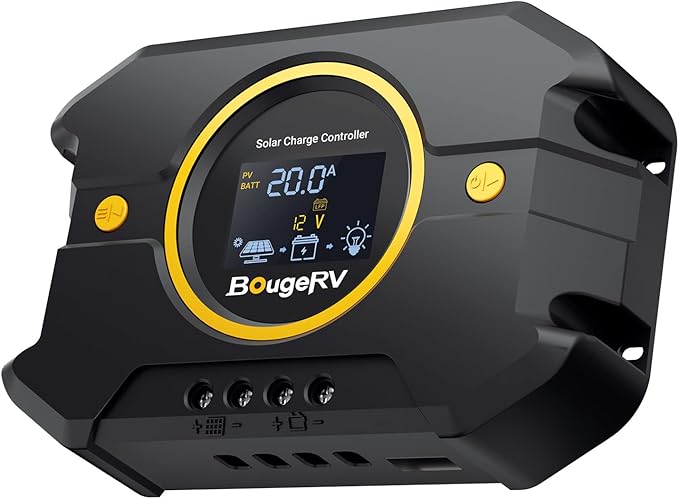 BougeRV 20A PWM Solar Charge Controller with BT APP Control, Backlit LCD Display, USB Port, 12V/24V, Compatible with Lithium/AGM/Gel/FLD Batteries, Ideal for RV Marine Boat Off-Grid Systems