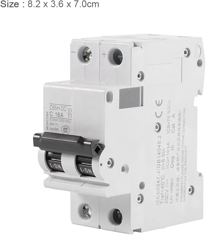 DC Miniature Circuit Breaker, Low Voltage 2 Pole 250V 16A DIN Rail Mount, DC Disconnect Switch for Solar Panels Grid DC System (16A)