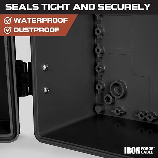 Iron Forge Cable Waterproof Junction Box Extra Large - Outdoor Enclosure with Accessories, Hinged Black Panel Cover - IP65, 16"x 12"x 7.2"Inch