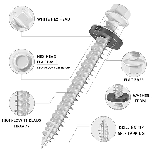 # 3/16 * 2" 57PCS 1lbs White Hexagonal Metal Sheet roof Screws, #10 * 2 with EPDM washers and Hexagonal self Tapping, Used for Metal to Wood, Corrugated Roofs.5 * 50mm