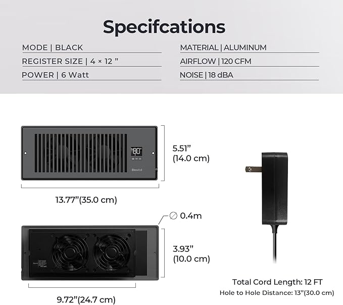 Quiet Register Booster Fan Fits 4" x 12" Register Holes, 10-Speed Smart Heating Cooling AC Vent Fan with Remote Control and Thermostat Control - Black