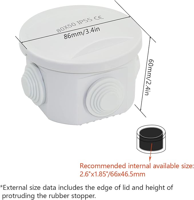 LeMotech Junction Box, ABS Plastic IP55 Water Resistant and Dustproof, Universal Electrical Enclosure, Outdoor and Indoor Project Box D3.1 x H2.4 inch (D80 x H60 mm)