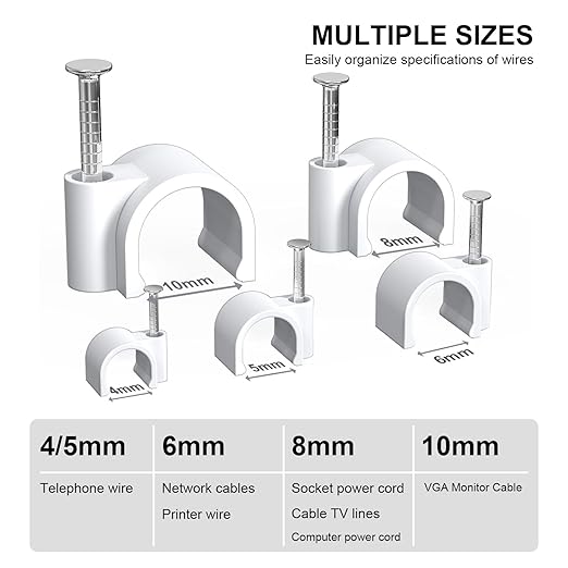 Jadaol Wide Design Cable Clips with Nails, 250 Pack Cord Wire Clips (4mm 5mm 6mm 8mm 10mm), Nail-in Round Cable Tacks for Ethernet Cable, Coaxial, TV, Speaker, Electrical Wire, White