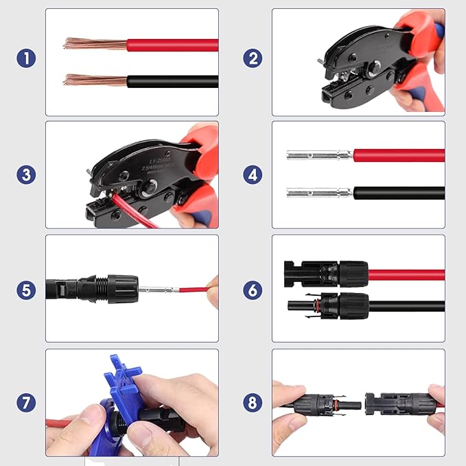 Solar Crimping Tool Kit for 2.5/4/6mm²/10-14AWG, with 12 Pairs Male Female Solar Panel Cable Connectors, 2 PCS Spanner Wrench