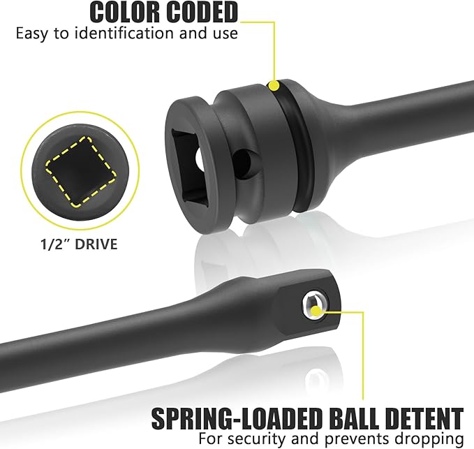 1/2" Drive 75 Ft-Lbs Torque Limiting Extension Bar, 8 Inch Color-Coded Lug Nut Torque Sticks