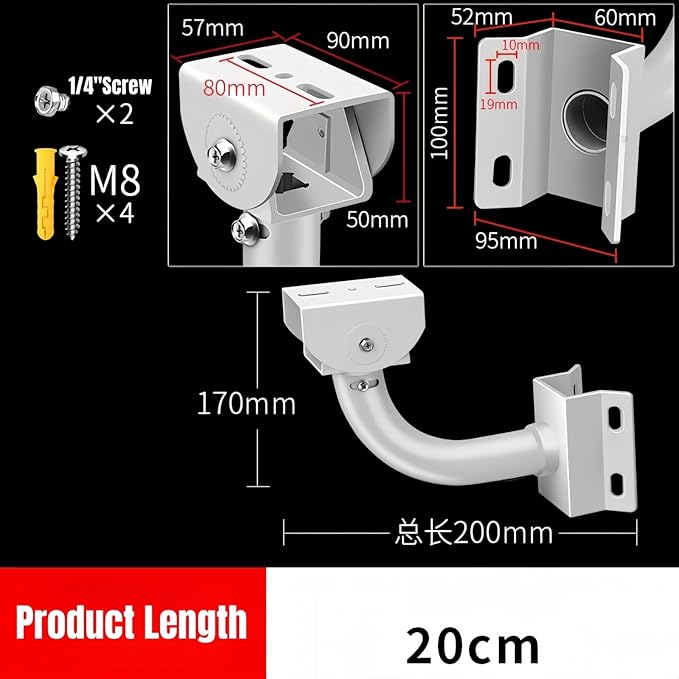 J-Shaped Aluminum Wall Mount with Cable Management Hole & L-Shaped Adapter - Duckbill Design (180° Tilt/360° Swivel) for CCTV Dome/IP Cameras, Space-Saving Indoor/Outdoor Use