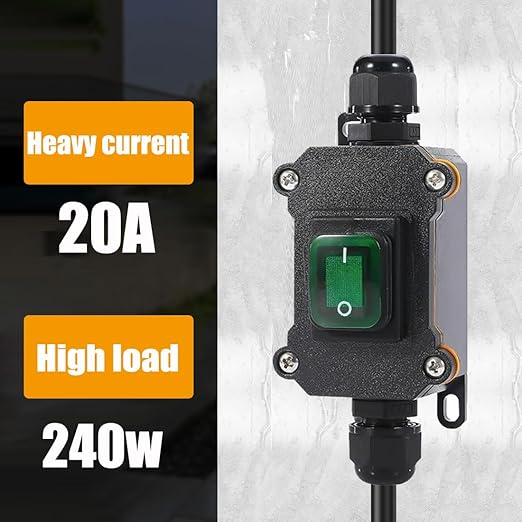 Waterproof Switch with Green Light Rocker Button - 16A-24V, 20A-12V, DPST DC, Two Side Line Entry/Exit, Outdoor Start Stop