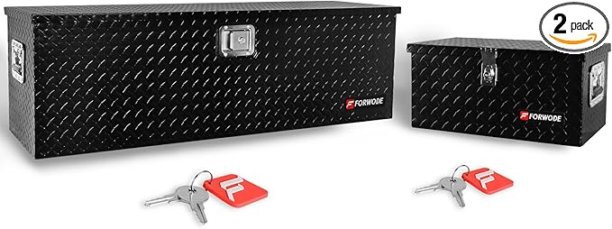 FORWODE 20&48 Inch Aluminum Truck Tool Box Lockable Truck Bed Tool Box Waterproof Truck Bed Storage Box with Gas Struts Side Handle Truck Tool Chest for Pickup, Truck Bed, RV, Trailer&Garage (Black)