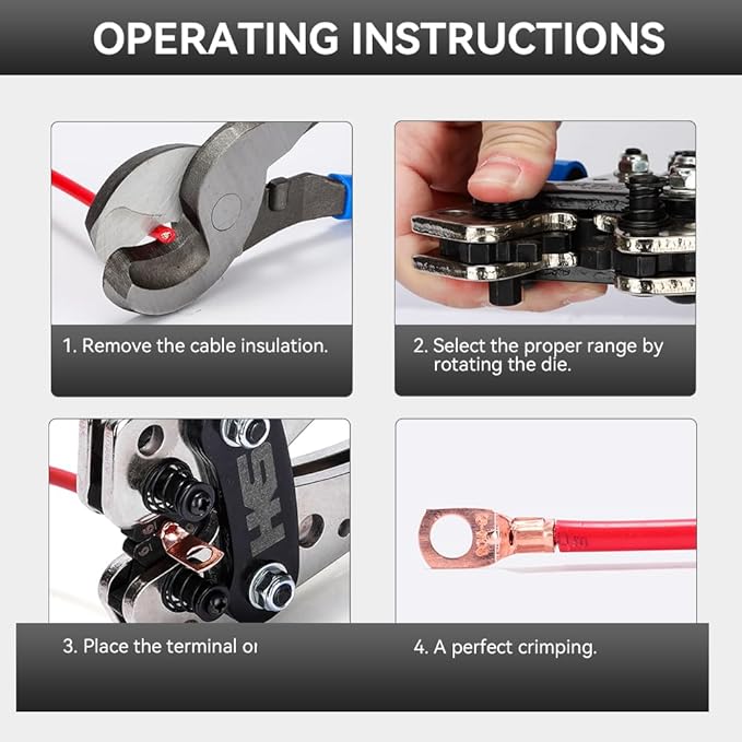 HKS Battery Cable Lug Crimping Tool 10-1 AWG, 60Pcs Copper Ring Terminals & 60Pcs 3:1 Heat Shrink Tubing, Heavy Duty Wire Crimper Set for Battery Cables
