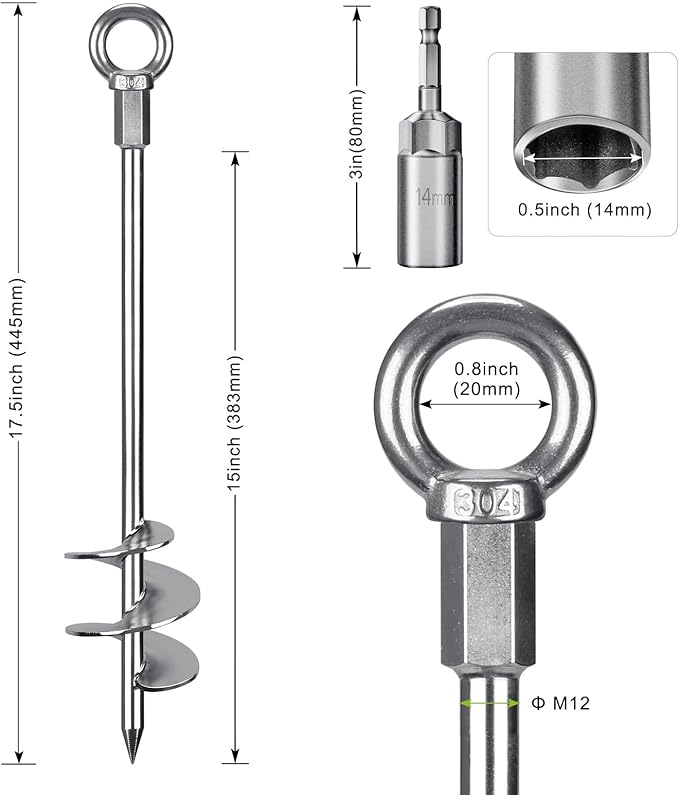 18'' Ground Anchors Screw in Heavy Duty 12mm Solid Steel, 3" Spiral Blade with Smooth Edges, Fully Welded Design for Mobile Home, Shed, Trampoline, Swing Set, Carport, Earth, Tent, 6Pack