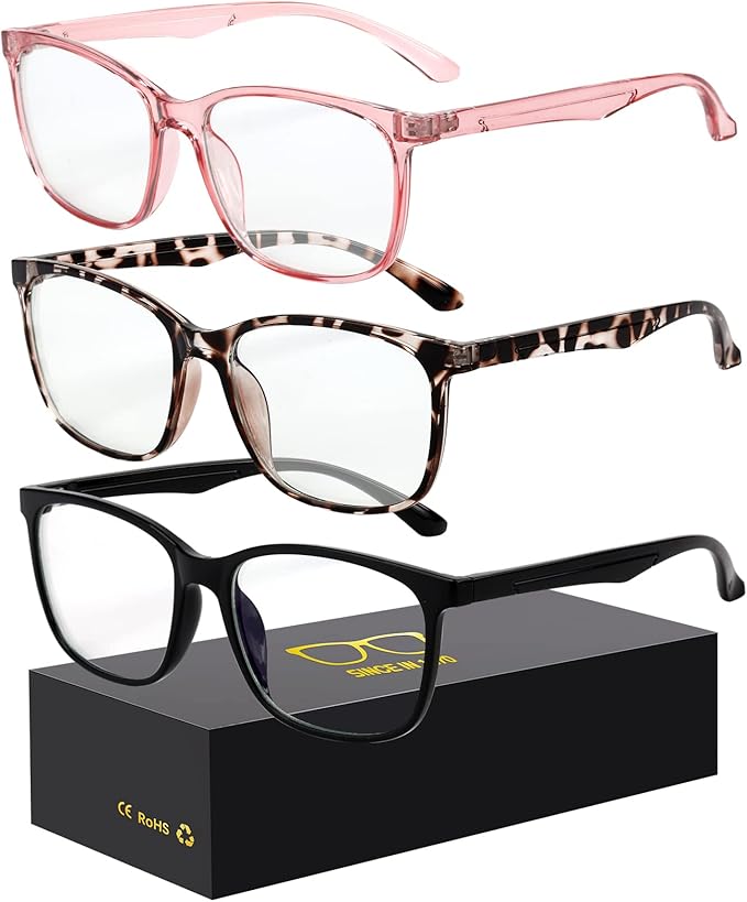 Blue-Light Blocking Glasses Computer Reading/Gaming/TV/Phones Glasses Fashion Anti Eyestrain Glasses for Women Men（D4 Black + Douhua + Pink）