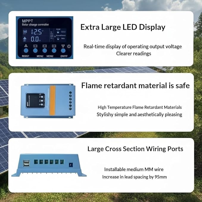 Solar Charge Controller 120A 12V 24V 36V 48V Intelligent Recognition LCD Display Battery Intelligent Regulator Maximum 100V Input Dual USB for Lead Acid/Lithium Battery (SA120A)