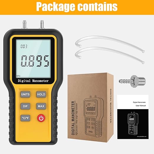 BTMETER Manometer Gas Pressure Meter, Dual Port Manometro Pressure Differential Gauge Check Air Flow Pressure for HVAC Gas Furnace, Digital Manometer w/Backlight 12 Measure Units QX-1201