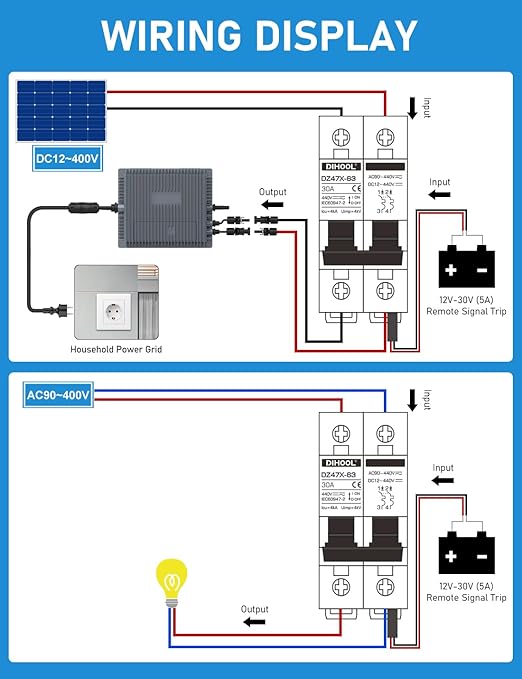 DIHOOL 30A DC Circuit Breaker with Remote Control, 12V-400V DC & 90-400V AC, 2 Pole Miniature Circuit Breaker, DIN Rail Mount Disconnect Switch