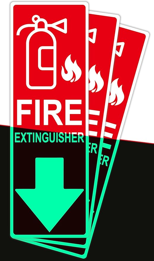 Fire Extinguisher Sign Sticker, Glow in the Dark Fire Extinguisher Signs with Arrow, 4×12 Inch 3 Pack Luminous Vinyl Safety Labels Soslina, Waterproof Indoor Outdoor for Home Office Warehouse