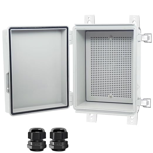 Junction Box, Hinged Cover Stainless Steel Latch IP67 Waterproof ABS Project Box with 2 Cable Glands, Electrical Box Enclosure with Mounting Plate & Wall Bracket 8.7 x 6.7 x 4.3inch