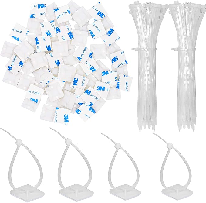 50 Pack 1.5 inch Zip Tie Adhesive Mounts Self Adhesive Cable Tie Base Holders with Multi-Purpose Tie wire clips with screw hole,Anchor stick on wire holder with 8 inch zip ties（White）