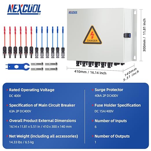 6 String Solar PV mc4 Metel Combiner Box 16A Rated Current Fuse 63A Air Circuit Breaker Out Door IP65 Waterproof (6 String- 16A)