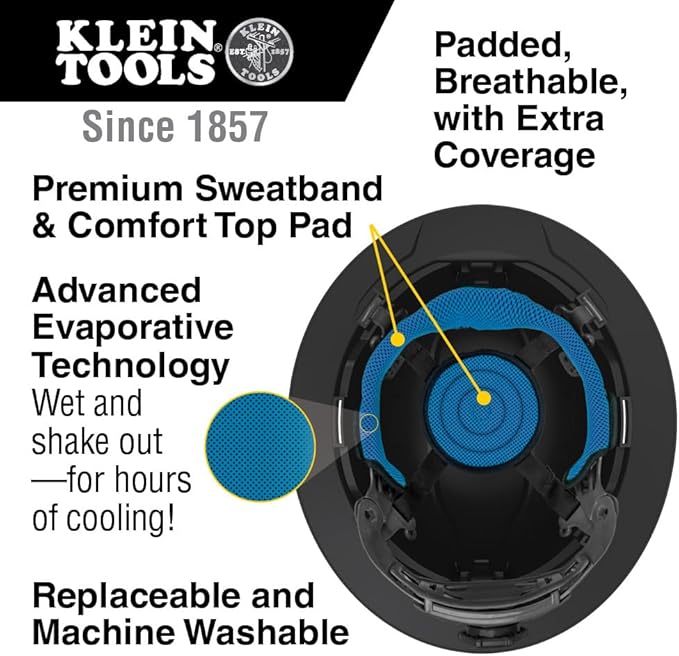 Klein Tools 60347 Hard Hat, Vented Full Brim, Class C, Premium KARBN Pattern, Rechargeable Lamp, Padded Sweat-Wicking Sweatband, Top Pad